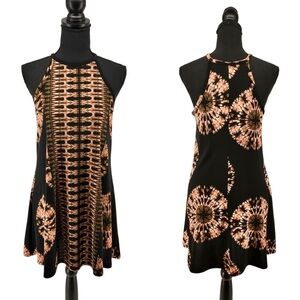 Xhilaration Exotic Tie Dye Trapeze Mini Dress Sz S Black Brown Stretch High Neck
